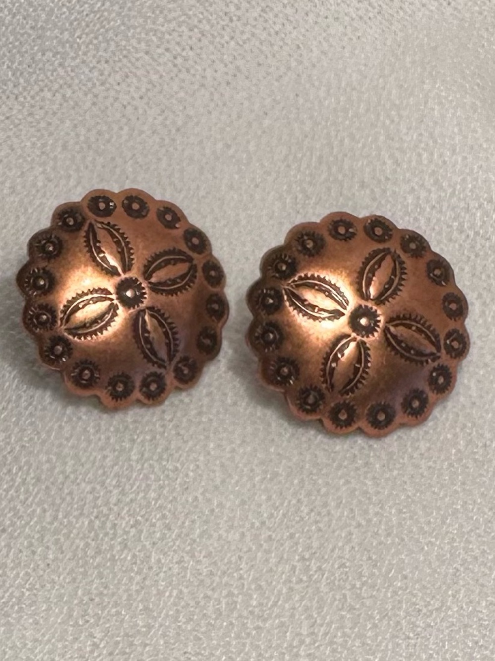 Round Etched Copper Inspired Concho Earrings - Floral Motif 5/8”
